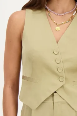 Olijfgroene Gilet Satijnen Look