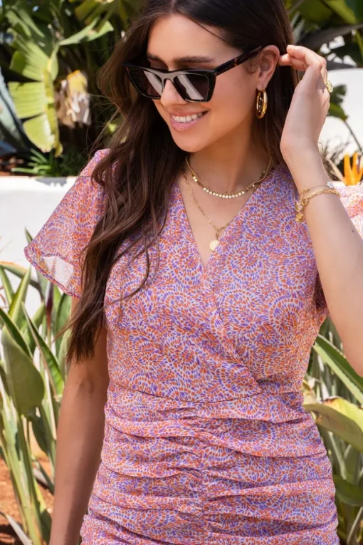 Oranje Jurk Met Plooien En Print