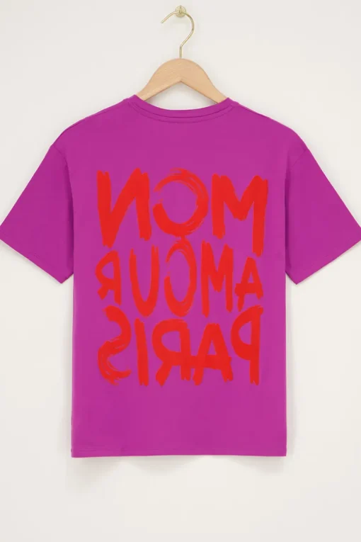 Paars T-shirt Met Oranje "Mon Amour Paris'"
