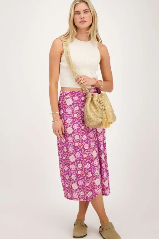 Paarse Midi Wikkelrok Met Roze Bloemenprint