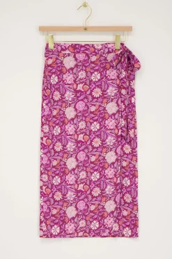 Paarse Midi Wikkelrok Met Roze Bloemenprint
