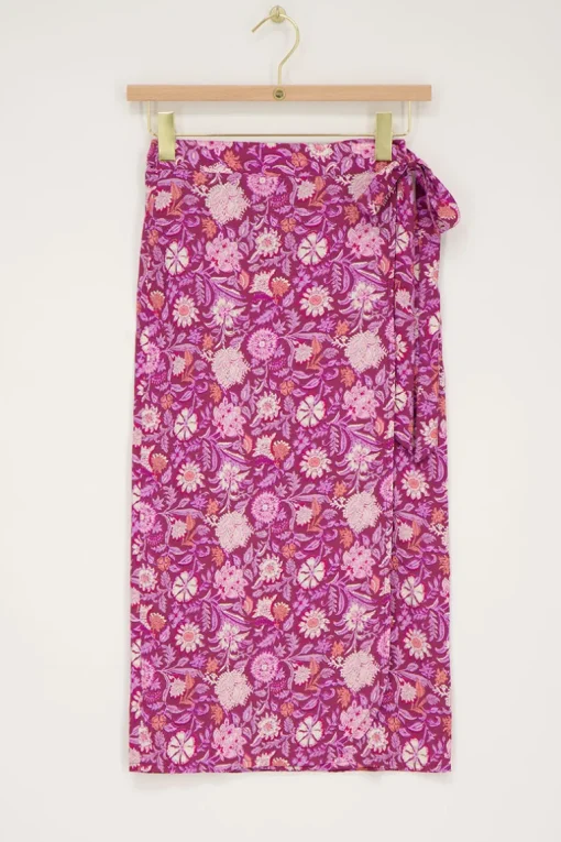 Paarse Midi Wikkelrok Met Roze Bloemenprint