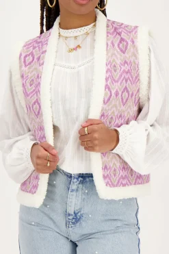 Paarse Teddy Gilet Met Ikat Print