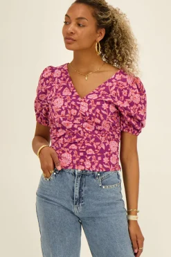 Paarse Top Met Roze Bloemenprint & Plooien