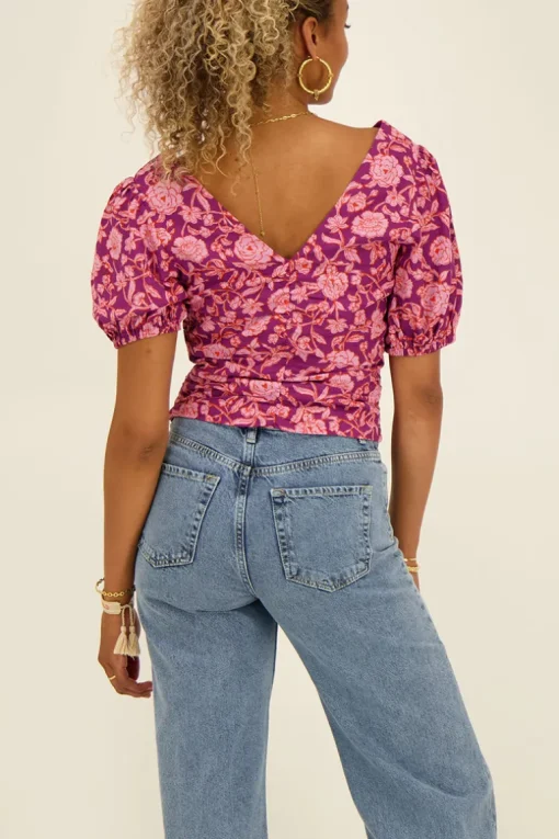 Paarse Top Met Roze Bloemenprint & Plooien