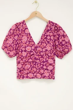 Paarse Top Met Roze Bloemenprint & Plooien