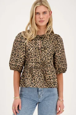Panter Top Met Strikjes En Pofmouwen