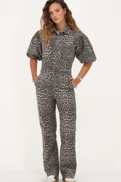 Panterprint Denim Jumpsuit Met Pofmouwen