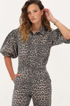 Panterprint Denim Jumpsuit Met Pofmouwen