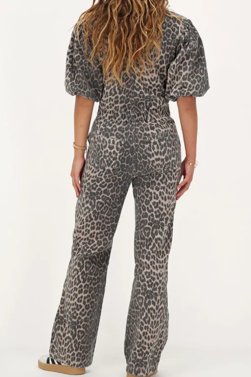 Panterprint Denim Jumpsuit Met Pofmouwen
