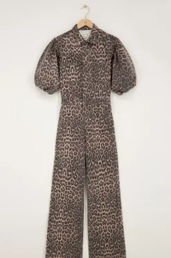 Panterprint Denim Jumpsuit Met Pofmouwen