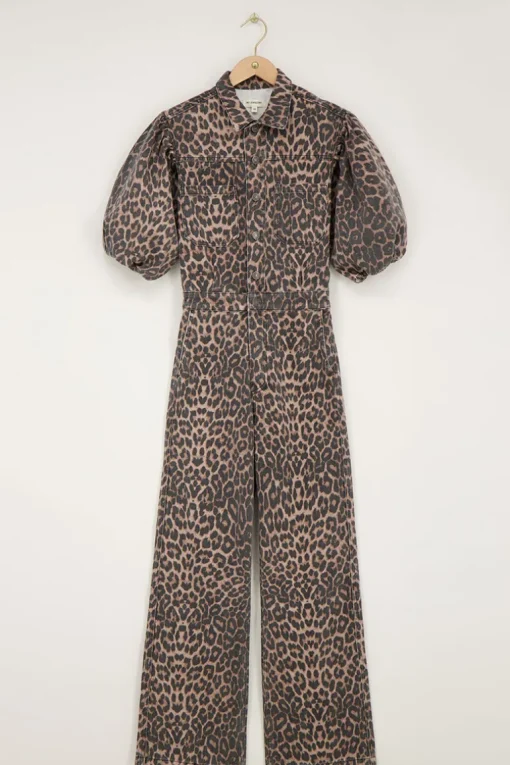 Panterprint Denim Jumpsuit Met Pofmouwen
