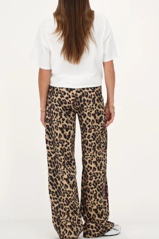 Panterprint Satijnen Wide Leg Broek Met Paarse Tape