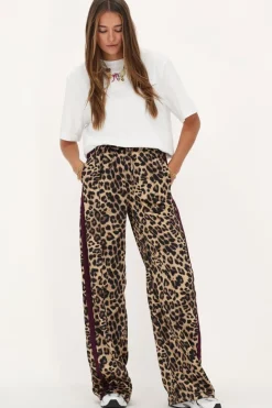 Panterprint Satijnen Wide Leg Broek Met Paarse Tape