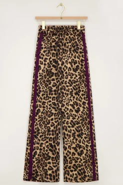 Panterprint Satijnen Wide Leg Broek Met Paarse Tape