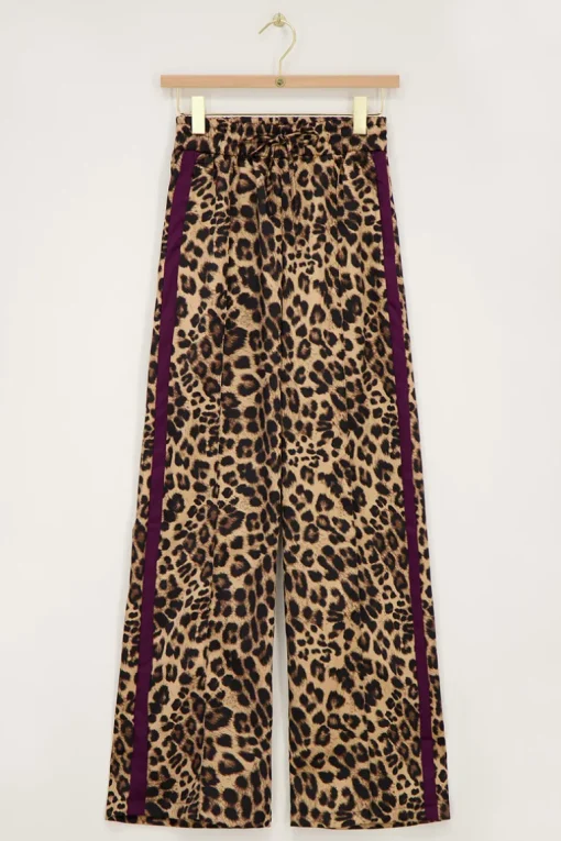 Panterprint Satijnen Wide Leg Broek Met Paarse Tape