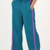Petrol Satijnen Wide Leg Broek Met Paarse Tape
