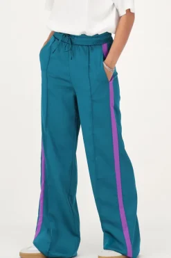 Petrol Satijnen Wide Leg Broek Met Paarse Tape