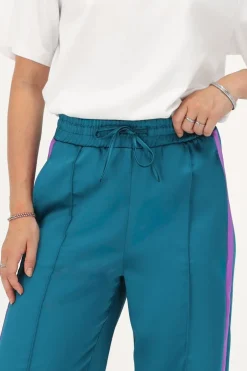 Petrol Satijnen Wide Leg Broek Met Paarse Tape
