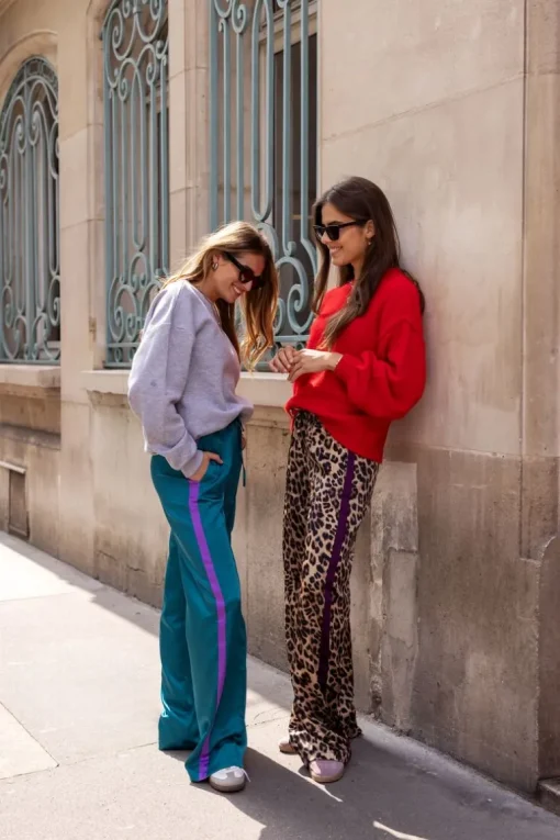 Petrol Satijnen Wide Leg Broek Met Paarse Tape