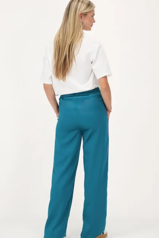 Petrol Satijnen Wide Leg Broek Met Paarse Tape