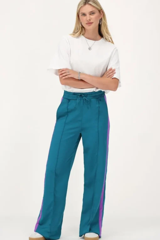 Petrol Satijnen Wide Leg Broek Met Paarse Tape