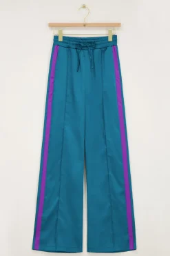 Petrol Satijnen Wide Leg Broek Met Paarse Tape