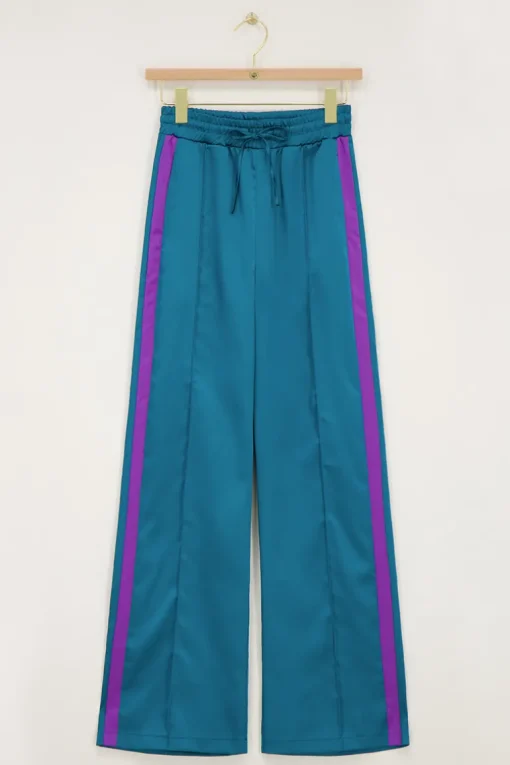 Petrol Satijnen Wide Leg Broek Met Paarse Tape