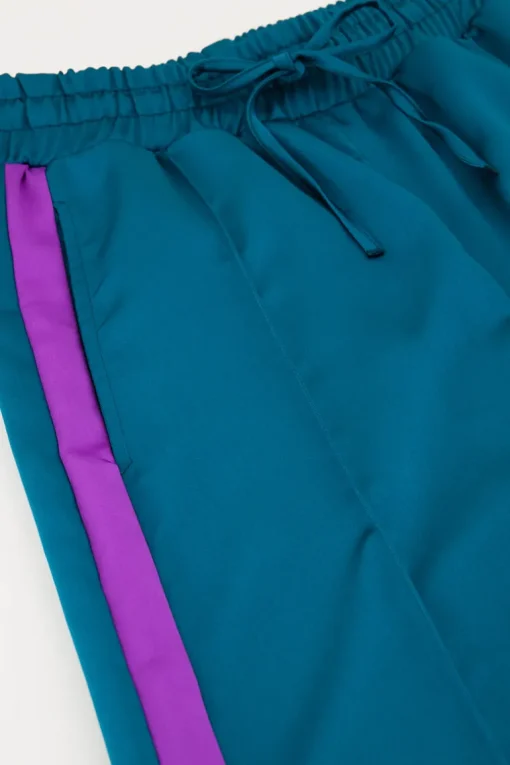 Petrol Satijnen Wide Leg Broek Met Paarse Tape