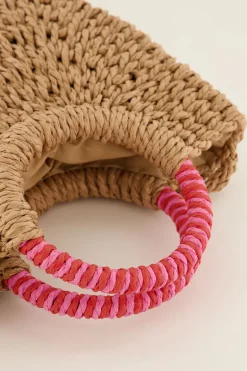 Rieten Schoudertas Met Roze Handvat