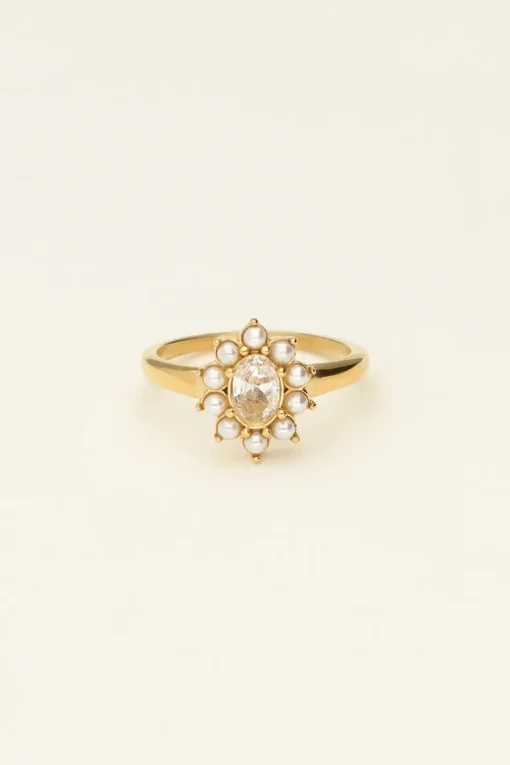 Ring Met Transparante Steen En Parels