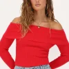 Rode Off-shoulder Top Met Rib