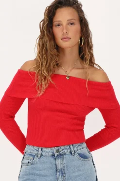 Rode Off-shoulder Top Met Rib