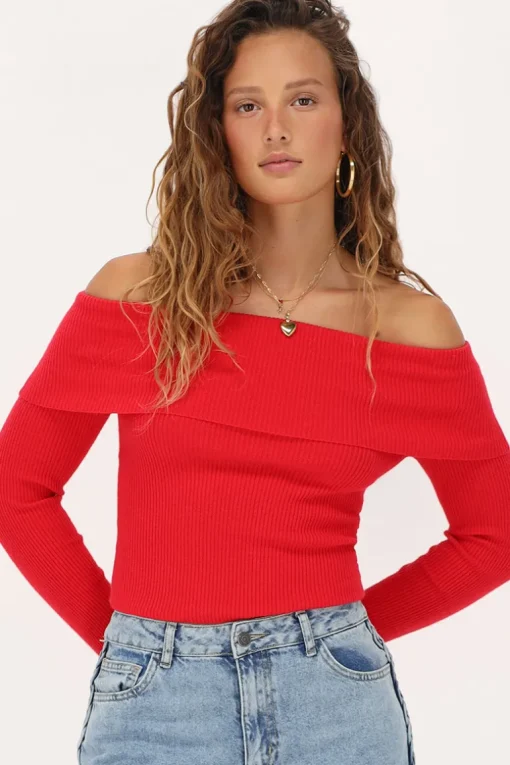 Rode Off-shoulder Top Met Rib
