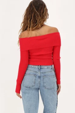 Rode Off-shoulder Top Met Rib