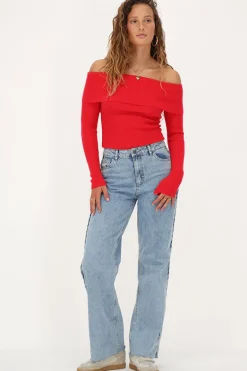 Rode Off-shoulder Top Met Rib