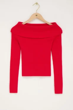 Rode Off-shoulder Top Met Rib