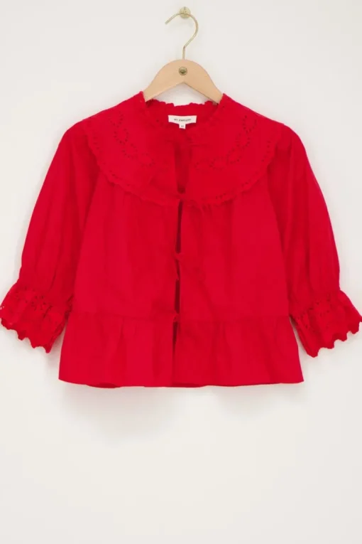 Rode Top Met Strikjes En Broderie