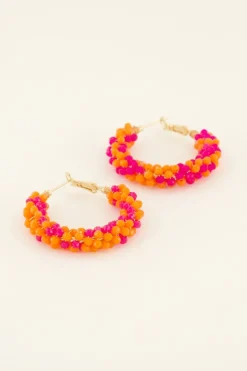 Ronde Statement Oorbellen Met Roze & Oranje Steentjes