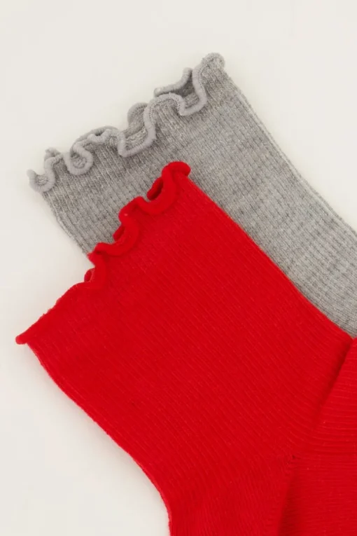 Rood En Grijze Sokken Set Met Ruffle