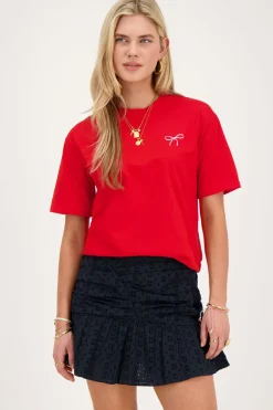 Rood T-shirt Met Roze Strik Embroidery