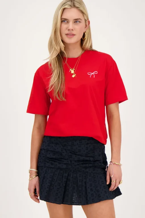 Rood T-shirt Met Roze Strik Embroidery