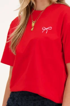 Rood T-shirt Met Roze Strik Embroidery