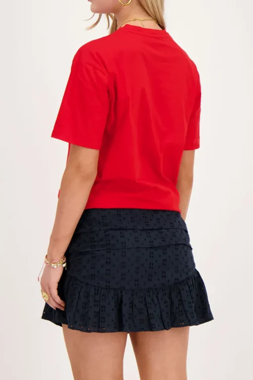 Rood T-shirt Met Roze Strik Embroidery