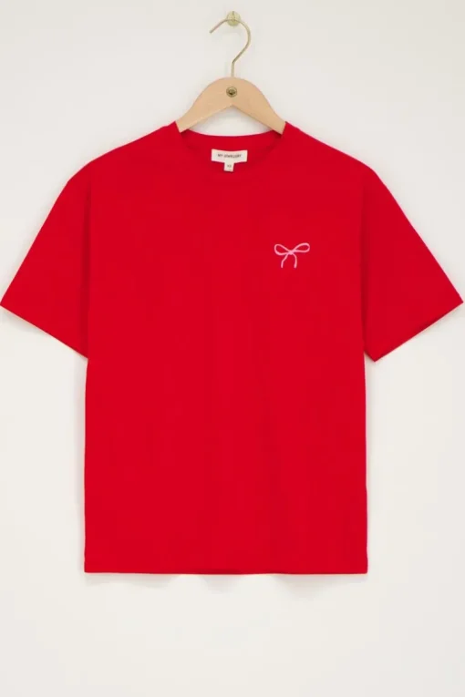 Rood T-shirt Met Roze Strik Embroidery