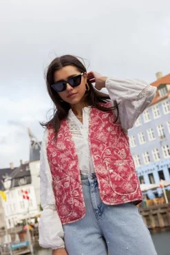 Roze Gewatteerd Gilet Met Bloemen