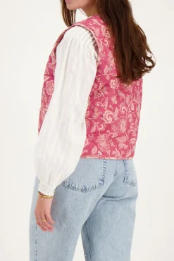 Roze Gewatteerd Gilet Met Bloemen