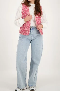 Roze Gewatteerd Gilet Met Bloemen
