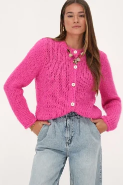Roze Grof Gebreid Vest Met Knopen