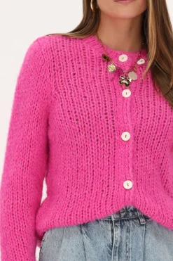 Roze Grof Gebreid Vest Met Knopen